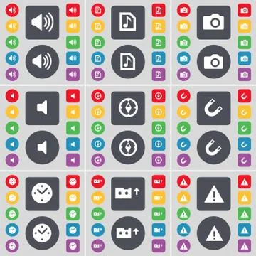 Sound, Note file, Camera, Sound, Compass, Magnet, Clock, Cassette, Warning icon Stock Illustration