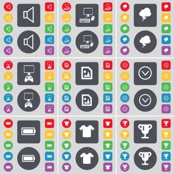 Sound, PC, Lightning, Game console, Media file, Arrow down, Battery, T-Shirt, Cu Stock Illustration