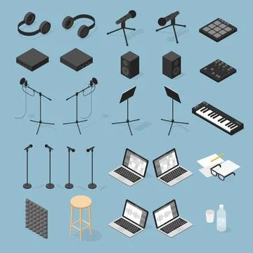 Sound Production Isometric Objects Set Stock Illustration