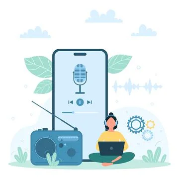 Sound recording with mobile app, tiny person using smart voice assistant Illustrazione stock
