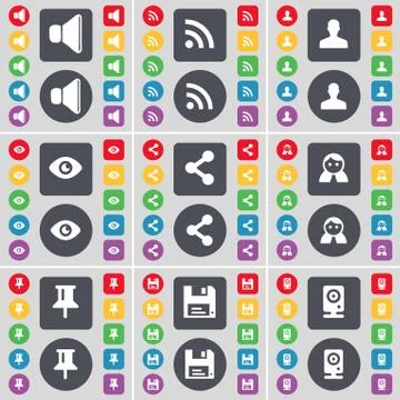 Sound, RSS, Avatar, Vision, Share, Silhouette, Pin, Floppy, Speaker icon symbol. Stock Illustration
