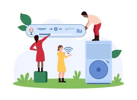 Sound speaker concept with tiny people Stock Illustration