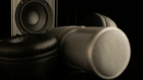 In sound studio production. Camera shift focus from microphone Stock Footage 119037340