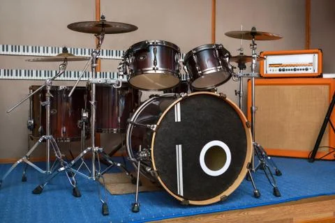 Sound studio room with drum kit. Stock Photos