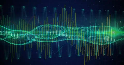 Sound wave and frequency bars image over dark blue background Stock Illustration