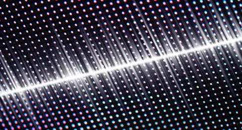Sound wave on LED texture screen, digital video wall background. Deep blue an Stock Photos
