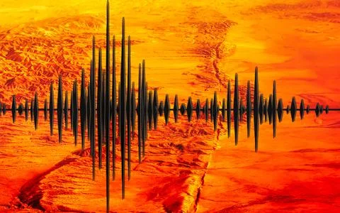 Sound wave visualization overlaid on abstract volcanic landscape with geolo.. Stock Photos