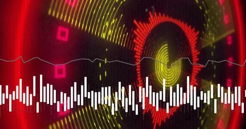 Sound waveforms and frequency bars over red circular image with digital elements Stock Illustration