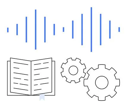 Sound waves above an open book and gears, representing knowledge, technolog.. Illustrazione stock