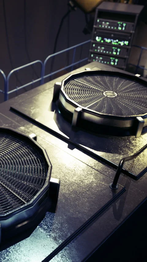 Sound waves dancing on futuristic turntables in a vibrant studio setting Stock Footage 331833778