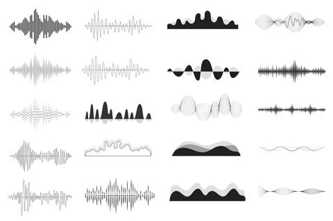 Sound waves in different shapes set isolated elements. Bundle of vibration and Illustrazione stock