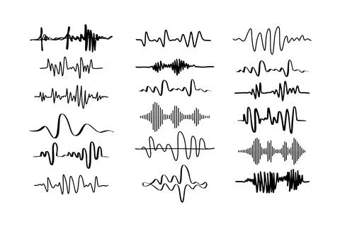Sound waves. Doodle audio frequency, radio signal, voice line waveform, volume Stock Illustration