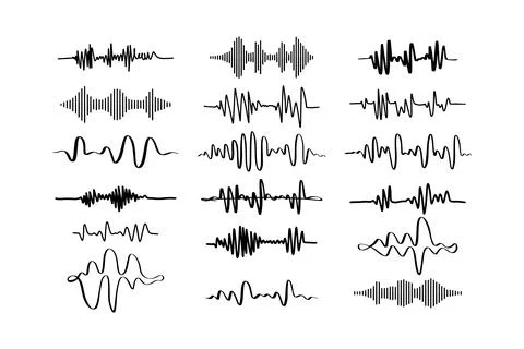 Sound waves. Doodle audio frequency, radio signal, voice line waveform, volume Stock Illustration