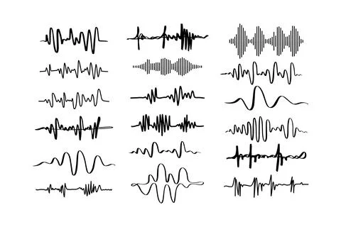 Sound waves. Doodle audio frequency, radio signal, voice line waveform, volume Stock Illustration