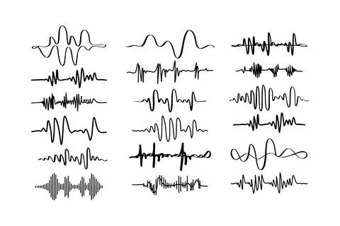 Sound waves. Doodle audio frequency, radio signal, voice line waveform, volume Stock Illustration