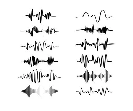 Sound waves. Doodle audio frequency, radio signal, voice line waveform, volume Stock Illustration