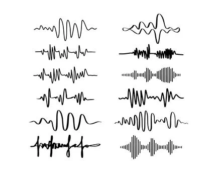Sound waves. Doodle audio frequency, radio signal, voice line waveform, volume Stock Illustration