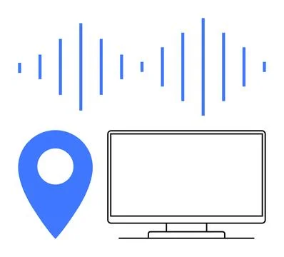 Sound waves, map location pin, and computer monitor highlighting digital co.. Ilustración de archivo