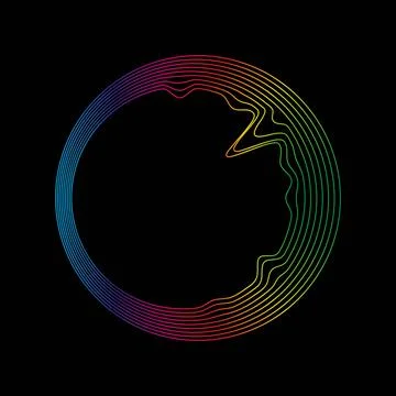 Sound waves rainbow circle shape. Abstract geometric linear wavy shape on black Illustrazione stock