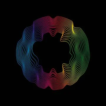 Sound waves rainbow circle shape. Abstract geometric linear wavy shape on black Illustrazione stock