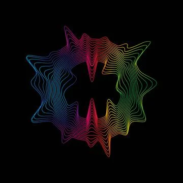 Sound waves rainbow circle shape. Abstract geometric linear wavy shape on black Stock Illustration
