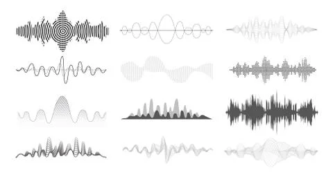 Sound waves set. Audio equalizer technology, volume level symbol, pulse. Stock Illustration