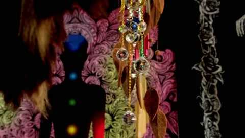 The sound of the wind. Wind chimes hanging in a souvenir shop . Stock Footage 208592457