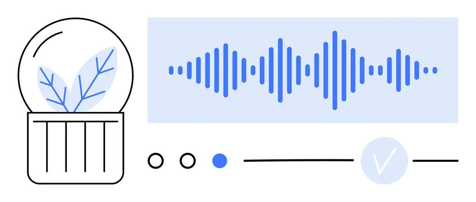 Soundwave graphic with UI elements alongside a plant in a glass container. Id イラスト素材