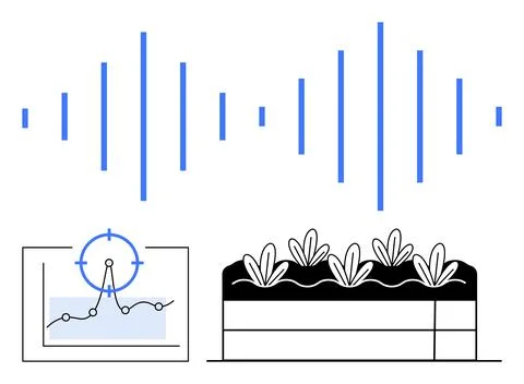 Soundwave pattern, data graph with growth analytics target, and crop field vi Illustrazione stock