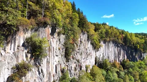 Sounkyo Massive Cliff Columnar Jointing Hokkaido Drone Pan Stock Footage 329048987