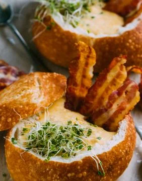 Soup in bread bowl Stock Photos