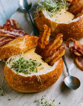 Soup in bread bowl Stock Photos