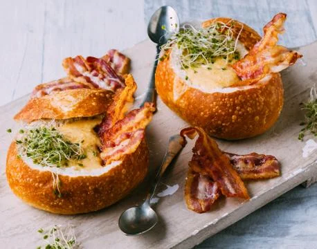 Soup in bread bowl Stock Photos