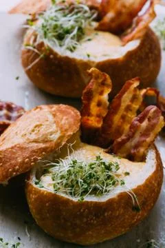 Soup in bread bowl Stock Photos