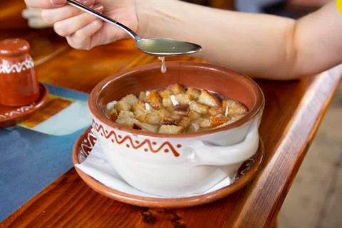 Soup with bread croutons Stock Photos