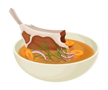 Soup Consisting of Mutton, Vegetables, Rice and Spices Poured in Bowl Side View Stock Illustration