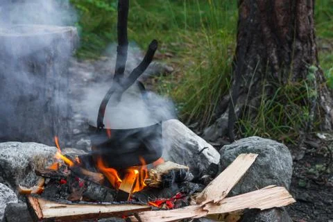 Soup cooked in a pot on the fire Stock Photos