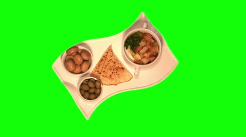 Soup with croutons, egg, marinated champignons, olives, spicy flat cake on tray Stock Footage 46563014