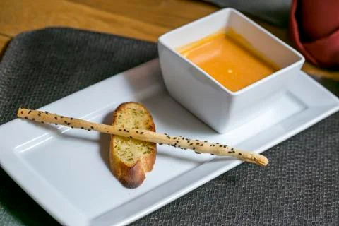 Soup with Garlic Bread 스톡 사진