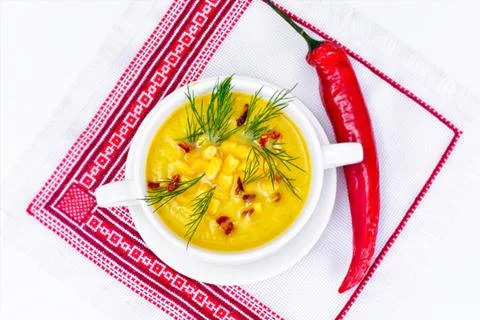 Soup of Mashed Potato with Corn Stock Photos