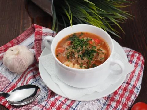 Soup with meat and vegetables on a rustic background Stock Photos
