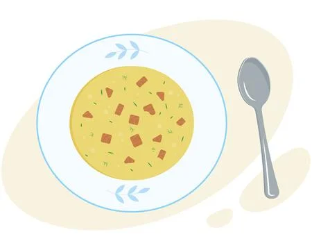 Soup. A plate of soup, the first course. Food for lunch. Cooking and menu Stock Illustration