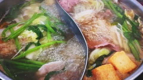 The soup in the pot is boiling in a restaurant. Stock Footage 102172048