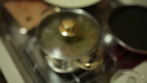 Soup in a pot on the stove. Cooking food Stock Footage
