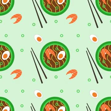 Soup Ramen in a bowl, seamless pattern, vector. Stock Illustration