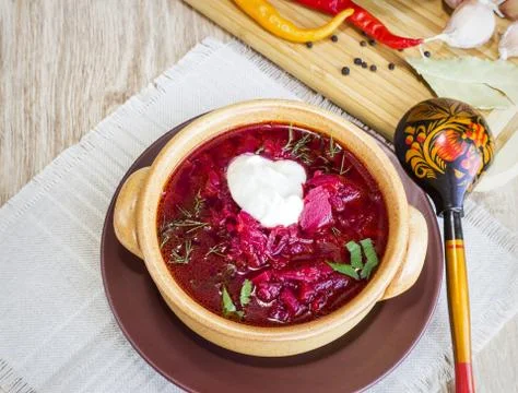 Soup with red beets. Stock Photos