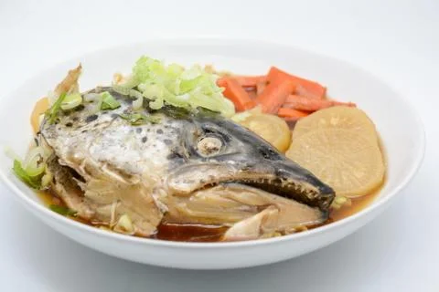 Soup Salmon in soy source with vegetables, Japanese foods Stock Photos
