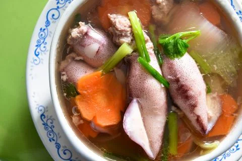 Soup, stuffed squid Foto stock