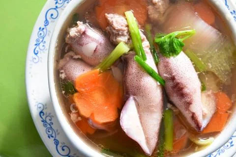 Soup, stuffed squid Stock Photos