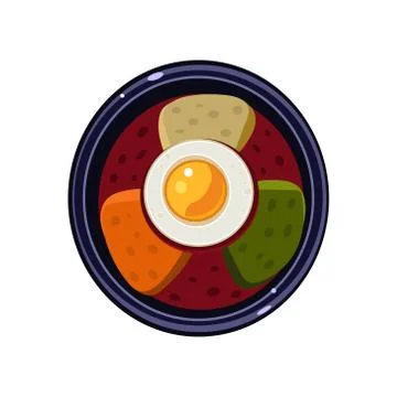 Soup with Toasts and Fried Egg Served Food. Vector Illustration Stock Illustration